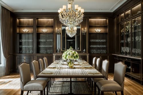 photo from pinterest of luxury-style interior designed (dining room interior) with painting or photo on wall and plates, cutlery and glasses on dining table and table cloth and light or chandelier and dining table chairs and bookshelves and vase and plant. . . cinematic photo, highly detailed, cinematic lighting, ultra-detailed, ultrarealistic, photorealism, 8k. trending on pinterest. luxury interior design style. masterpiece, cinematic light, ultrarealistic+, photorealistic+, 8k, raw photo, realistic, sharp focus on eyes, (symmetrical eyes), (intact eyes), hyperrealistic, highest quality, best quality, , highly detailed, masterpiece, best quality, extremely detailed 8k wallpaper, masterpiece, best quality, ultra-detailed, best shadow, detailed background, detailed face, detailed eyes, high contrast, best illumination, detailed face, dulux, caustic, dynamic angle, detailed glow. dramatic lighting. highly detailed, insanely detailed hair, symmetrical, intricate details, professionally retouched, 8k high definition. strong bokeh. award winning photo.