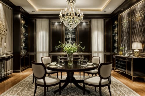 photo from pinterest of luxury-style interior designed (dining room interior) with painting or photo on wall and plates, cutlery and glasses on dining table and table cloth and light or chandelier and dining table chairs and bookshelves and vase and plant. . . cinematic photo, highly detailed, cinematic lighting, ultra-detailed, ultrarealistic, photorealism, 8k. trending on pinterest. luxury interior design style. masterpiece, cinematic light, ultrarealistic+, photorealistic+, 8k, raw photo, realistic, sharp focus on eyes, (symmetrical eyes), (intact eyes), hyperrealistic, highest quality, best quality, , highly detailed, masterpiece, best quality, extremely detailed 8k wallpaper, masterpiece, best quality, ultra-detailed, best shadow, detailed background, detailed face, detailed eyes, high contrast, best illumination, detailed face, dulux, caustic, dynamic angle, detailed glow. dramatic lighting. highly detailed, insanely detailed hair, symmetrical, intricate details, professionally retouched, 8k high definition. strong bokeh. award winning photo.