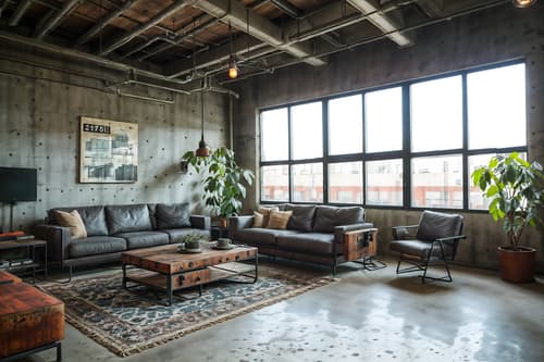 photo from pinterest of industrial-style interior designed (living room interior) with plant and occasional tables and electric lamps and rug and chairs and coffee tables and televisions and furniture. . with open floorplan and exposed concrete and reclaimed wood and factory style and utilitarian objects and metal panels and neutral tones and exposed rafters. . cinematic photo, highly detailed, cinematic lighting, ultra-detailed, ultrarealistic, photorealism, 8k. trending on pinterest. industrial interior design style. masterpiece, cinematic light, ultrarealistic+, photorealistic+, 8k, raw photo, realistic, sharp focus on eyes, (symmetrical eyes), (intact eyes), hyperrealistic, highest quality, best quality, , highly detailed, masterpiece, best quality, extremely detailed 8k wallpaper, masterpiece, best quality, ultra-detailed, best shadow, detailed background, detailed face, detailed eyes, high contrast, best illumination, detailed face, dulux, caustic, dynamic angle, detailed glow. dramatic lighting. highly detailed, insanely detailed hair, symmetrical, intricate details, professionally retouched, 8k high definition. strong bokeh. award winning photo.