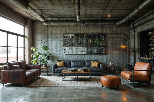 photo from pinterest of industrial-style interior designed (living room interior) with plant and occasional tables and electric lamps and rug and chairs and coffee tables and televisions and furniture. . with open floorplan and exposed concrete and reclaimed wood and factory style and utilitarian objects and metal panels and neutral tones and exposed rafters. . cinematic photo, highly detailed, cinematic lighting, ultra-detailed, ultrarealistic, photorealism, 8k. trending on pinterest. industrial interior design style. masterpiece, cinematic light, ultrarealistic+, photorealistic+, 8k, raw photo, realistic, sharp focus on eyes, (symmetrical eyes), (intact eyes), hyperrealistic, highest quality, best quality, , highly detailed, masterpiece, best quality, extremely detailed 8k wallpaper, masterpiece, best quality, ultra-detailed, best shadow, detailed background, detailed face, detailed eyes, high contrast, best illumination, detailed face, dulux, caustic, dynamic angle, detailed glow. dramatic lighting. highly detailed, insanely detailed hair, symmetrical, intricate details, professionally retouched, 8k high definition. strong bokeh. award winning photo.
