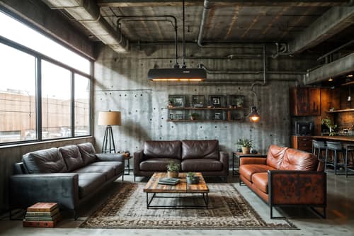 photo from pinterest of industrial-style interior designed (living room interior) with plant and occasional tables and electric lamps and rug and chairs and coffee tables and televisions and furniture. . with open floorplan and exposed concrete and reclaimed wood and factory style and utilitarian objects and metal panels and neutral tones and exposed rafters. . cinematic photo, highly detailed, cinematic lighting, ultra-detailed, ultrarealistic, photorealism, 8k. trending on pinterest. industrial interior design style. masterpiece, cinematic light, ultrarealistic+, photorealistic+, 8k, raw photo, realistic, sharp focus on eyes, (symmetrical eyes), (intact eyes), hyperrealistic, highest quality, best quality, , highly detailed, masterpiece, best quality, extremely detailed 8k wallpaper, masterpiece, best quality, ultra-detailed, best shadow, detailed background, detailed face, detailed eyes, high contrast, best illumination, detailed face, dulux, caustic, dynamic angle, detailed glow. dramatic lighting. highly detailed, insanely detailed hair, symmetrical, intricate details, professionally retouched, 8k high definition. strong bokeh. award winning photo.
