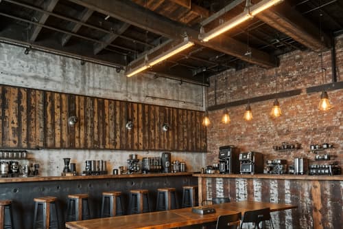 photo from pinterest of industrial-style interior designed (coffee shop interior) . with reclaimed wood and utilitarian objects and exposed brick and metal panels and neutral tones and factory style and exposed concrete and exposed rafters. . cinematic photo, highly detailed, cinematic lighting, ultra-detailed, ultrarealistic, photorealism, 8k. trending on pinterest. industrial interior design style. masterpiece, cinematic light, ultrarealistic+, photorealistic+, 8k, raw photo, realistic, sharp focus on eyes, (symmetrical eyes), (intact eyes), hyperrealistic, highest quality, best quality, , highly detailed, masterpiece, best quality, extremely detailed 8k wallpaper, masterpiece, best quality, ultra-detailed, best shadow, detailed background, detailed face, detailed eyes, high contrast, best illumination, detailed face, dulux, caustic, dynamic angle, detailed glow. dramatic lighting. highly detailed, insanely detailed hair, symmetrical, intricate details, professionally retouched, 8k high definition. strong bokeh. award winning photo.