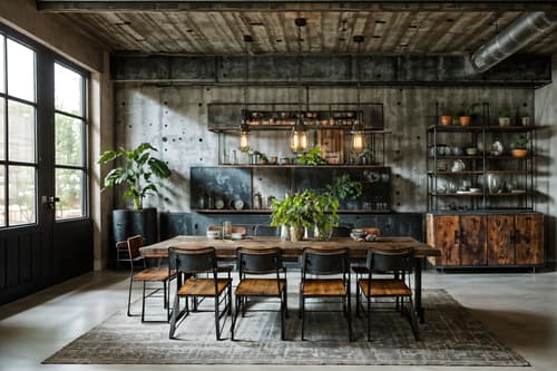 photo from pinterest of industrial-style interior designed (dining room interior) with bookshelves and dining table and vase and light or chandelier and table cloth and plant and painting or photo on wall and dining table chairs. . with neutral tones and factory style and metal panels and raw aesthetic and reclaimed wood and exposed concrete and open floorplan and exposed rafters. . cinematic photo, highly detailed, cinematic lighting, ultra-detailed, ultrarealistic, photorealism, 8k. trending on pinterest. industrial interior design style. masterpiece, cinematic light, ultrarealistic+, photorealistic+, 8k, raw photo, realistic, sharp focus on eyes, (symmetrical eyes), (intact eyes), hyperrealistic, highest quality, best quality, , highly detailed, masterpiece, best quality, extremely detailed 8k wallpaper, masterpiece, best quality, ultra-detailed, best shadow, detailed background, detailed face, detailed eyes, high contrast, best illumination, detailed face, dulux, caustic, dynamic angle, detailed glow. dramatic lighting. highly detailed, insanely detailed hair, symmetrical, intricate details, professionally retouched, 8k high definition. strong bokeh. award winning photo.