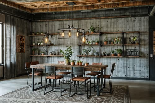 photo from pinterest of industrial-style interior designed (dining room interior) with bookshelves and dining table and vase and light or chandelier and table cloth and plant and painting or photo on wall and dining table chairs. . with neutral tones and factory style and metal panels and raw aesthetic and reclaimed wood and exposed concrete and open floorplan and exposed rafters. . cinematic photo, highly detailed, cinematic lighting, ultra-detailed, ultrarealistic, photorealism, 8k. trending on pinterest. industrial interior design style. masterpiece, cinematic light, ultrarealistic+, photorealistic+, 8k, raw photo, realistic, sharp focus on eyes, (symmetrical eyes), (intact eyes), hyperrealistic, highest quality, best quality, , highly detailed, masterpiece, best quality, extremely detailed 8k wallpaper, masterpiece, best quality, ultra-detailed, best shadow, detailed background, detailed face, detailed eyes, high contrast, best illumination, detailed face, dulux, caustic, dynamic angle, detailed glow. dramatic lighting. highly detailed, insanely detailed hair, symmetrical, intricate details, professionally retouched, 8k high definition. strong bokeh. award winning photo.