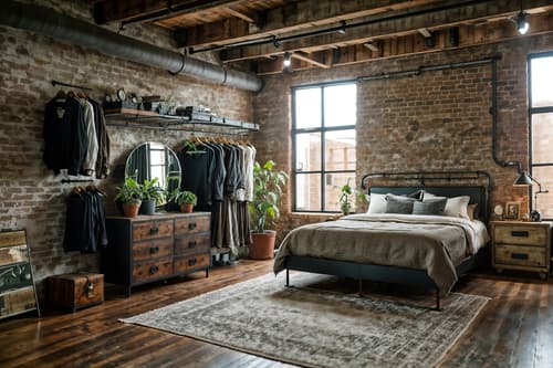 photo from pinterest of industrial-style interior designed (bedroom interior) with mirror and bed and dresser closet and headboard and accent chair and plant and bedside table or night stand and night light. . with exposed rafters and exposed brick and raw aesthetic and reclaimed wood and factory style and neutral tones and open floorplan and metal panels. . cinematic photo, highly detailed, cinematic lighting, ultra-detailed, ultrarealistic, photorealism, 8k. trending on pinterest. industrial interior design style. masterpiece, cinematic light, ultrarealistic+, photorealistic+, 8k, raw photo, realistic, sharp focus on eyes, (symmetrical eyes), (intact eyes), hyperrealistic, highest quality, best quality, , highly detailed, masterpiece, best quality, extremely detailed 8k wallpaper, masterpiece, best quality, ultra-detailed, best shadow, detailed background, detailed face, detailed eyes, high contrast, best illumination, detailed face, dulux, caustic, dynamic angle, detailed glow. dramatic lighting. highly detailed, insanely detailed hair, symmetrical, intricate details, professionally retouched, 8k high definition. strong bokeh. award winning photo.