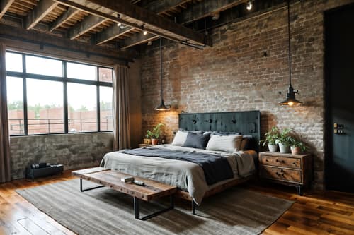 photo from pinterest of industrial-style interior designed (bedroom interior) with mirror and bed and dresser closet and headboard and accent chair and plant and bedside table or night stand and night light. . with exposed rafters and exposed brick and raw aesthetic and reclaimed wood and factory style and neutral tones and open floorplan and metal panels. . cinematic photo, highly detailed, cinematic lighting, ultra-detailed, ultrarealistic, photorealism, 8k. trending on pinterest. industrial interior design style. masterpiece, cinematic light, ultrarealistic+, photorealistic+, 8k, raw photo, realistic, sharp focus on eyes, (symmetrical eyes), (intact eyes), hyperrealistic, highest quality, best quality, , highly detailed, masterpiece, best quality, extremely detailed 8k wallpaper, masterpiece, best quality, ultra-detailed, best shadow, detailed background, detailed face, detailed eyes, high contrast, best illumination, detailed face, dulux, caustic, dynamic angle, detailed glow. dramatic lighting. highly detailed, insanely detailed hair, symmetrical, intricate details, professionally retouched, 8k high definition. strong bokeh. award winning photo.