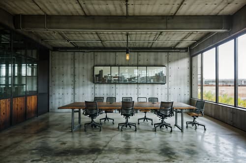 photo from pinterest of industrial-style interior designed (meeting room interior) with glass doors and office chairs and boardroom table and glass walls and cabinets and vase and plant and painting or photo on wall. . with exposed concrete and open floorplan and reclaimed wood and exposed rafters and utilitarian objects and raw aesthetic and factory style and metal panels. . cinematic photo, highly detailed, cinematic lighting, ultra-detailed, ultrarealistic, photorealism, 8k. trending on pinterest. industrial interior design style. masterpiece, cinematic light, ultrarealistic+, photorealistic+, 8k, raw photo, realistic, sharp focus on eyes, (symmetrical eyes), (intact eyes), hyperrealistic, highest quality, best quality, , highly detailed, masterpiece, best quality, extremely detailed 8k wallpaper, masterpiece, best quality, ultra-detailed, best shadow, detailed background, detailed face, detailed eyes, high contrast, best illumination, detailed face, dulux, caustic, dynamic angle, detailed glow. dramatic lighting. highly detailed, insanely detailed hair, symmetrical, intricate details, professionally retouched, 8k high definition. strong bokeh. award winning photo.