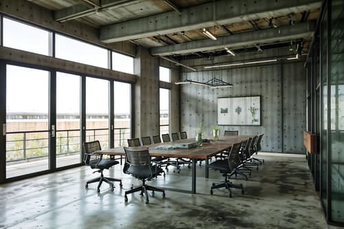 photo from pinterest of industrial-style interior designed (meeting room interior) with glass doors and office chairs and boardroom table and glass walls and cabinets and vase and plant and painting or photo on wall. . with exposed concrete and open floorplan and reclaimed wood and exposed rafters and utilitarian objects and raw aesthetic and factory style and metal panels. . cinematic photo, highly detailed, cinematic lighting, ultra-detailed, ultrarealistic, photorealism, 8k. trending on pinterest. industrial interior design style. masterpiece, cinematic light, ultrarealistic+, photorealistic+, 8k, raw photo, realistic, sharp focus on eyes, (symmetrical eyes), (intact eyes), hyperrealistic, highest quality, best quality, , highly detailed, masterpiece, best quality, extremely detailed 8k wallpaper, masterpiece, best quality, ultra-detailed, best shadow, detailed background, detailed face, detailed eyes, high contrast, best illumination, detailed face, dulux, caustic, dynamic angle, detailed glow. dramatic lighting. highly detailed, insanely detailed hair, symmetrical, intricate details, professionally retouched, 8k high definition. strong bokeh. award winning photo.