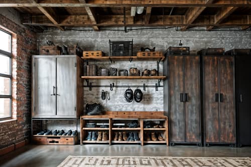 photo from pinterest of industrial-style interior designed (drop zone interior) with shelves for shoes and cabinets and wall hooks for coats and high up storage and lockers and cubbies and storage baskets and a bench. . with neutral tones and exposed brick and exposed rafters and factory style and exposed concrete and reclaimed wood and open floorplan and utilitarian objects. . cinematic photo, highly detailed, cinematic lighting, ultra-detailed, ultrarealistic, photorealism, 8k. trending on pinterest. industrial interior design style. masterpiece, cinematic light, ultrarealistic+, photorealistic+, 8k, raw photo, realistic, sharp focus on eyes, (symmetrical eyes), (intact eyes), hyperrealistic, highest quality, best quality, , highly detailed, masterpiece, best quality, extremely detailed 8k wallpaper, masterpiece, best quality, ultra-detailed, best shadow, detailed background, detailed face, detailed eyes, high contrast, best illumination, detailed face, dulux, caustic, dynamic angle, detailed glow. dramatic lighting. highly detailed, insanely detailed hair, symmetrical, intricate details, professionally retouched, 8k high definition. strong bokeh. award winning photo.