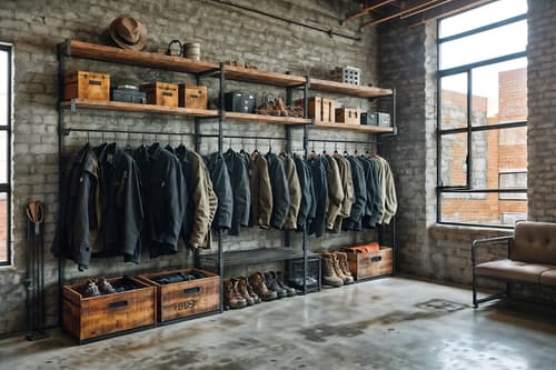 photo from pinterest of industrial-style interior designed (drop zone interior) with shelves for shoes and cabinets and wall hooks for coats and high up storage and lockers and cubbies and storage baskets and a bench. . with neutral tones and exposed brick and exposed rafters and factory style and exposed concrete and reclaimed wood and open floorplan and utilitarian objects. . cinematic photo, highly detailed, cinematic lighting, ultra-detailed, ultrarealistic, photorealism, 8k. trending on pinterest. industrial interior design style. masterpiece, cinematic light, ultrarealistic+, photorealistic+, 8k, raw photo, realistic, sharp focus on eyes, (symmetrical eyes), (intact eyes), hyperrealistic, highest quality, best quality, , highly detailed, masterpiece, best quality, extremely detailed 8k wallpaper, masterpiece, best quality, ultra-detailed, best shadow, detailed background, detailed face, detailed eyes, high contrast, best illumination, detailed face, dulux, caustic, dynamic angle, detailed glow. dramatic lighting. highly detailed, insanely detailed hair, symmetrical, intricate details, professionally retouched, 8k high definition. strong bokeh. award winning photo.