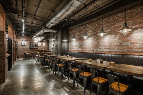 photo from pinterest of industrial-style interior designed (restaurant interior) with restaurant dining tables and restaurant bar and restaurant decor and restaurant chairs and restaurant dining tables. . with metal panels and utilitarian objects and reclaimed wood and raw aesthetic and neutral tones and exposed brick and open floorplan and exposed concrete. . cinematic photo, highly detailed, cinematic lighting, ultra-detailed, ultrarealistic, photorealism, 8k. trending on pinterest. industrial interior design style. masterpiece, cinematic light, ultrarealistic+, photorealistic+, 8k, raw photo, realistic, sharp focus on eyes, (symmetrical eyes), (intact eyes), hyperrealistic, highest quality, best quality, , highly detailed, masterpiece, best quality, extremely detailed 8k wallpaper, masterpiece, best quality, ultra-detailed, best shadow, detailed background, detailed face, detailed eyes, high contrast, best illumination, detailed face, dulux, caustic, dynamic angle, detailed glow. dramatic lighting. highly detailed, insanely detailed hair, symmetrical, intricate details, professionally retouched, 8k high definition. strong bokeh. award winning photo.