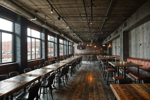 photo from pinterest of industrial-style interior designed (restaurant interior) with restaurant dining tables and restaurant bar and restaurant decor and restaurant chairs and restaurant dining tables. . with metal panels and utilitarian objects and reclaimed wood and raw aesthetic and neutral tones and exposed brick and open floorplan and exposed concrete. . cinematic photo, highly detailed, cinematic lighting, ultra-detailed, ultrarealistic, photorealism, 8k. trending on pinterest. industrial interior design style. masterpiece, cinematic light, ultrarealistic+, photorealistic+, 8k, raw photo, realistic, sharp focus on eyes, (symmetrical eyes), (intact eyes), hyperrealistic, highest quality, best quality, , highly detailed, masterpiece, best quality, extremely detailed 8k wallpaper, masterpiece, best quality, ultra-detailed, best shadow, detailed background, detailed face, detailed eyes, high contrast, best illumination, detailed face, dulux, caustic, dynamic angle, detailed glow. dramatic lighting. highly detailed, insanely detailed hair, symmetrical, intricate details, professionally retouched, 8k high definition. strong bokeh. award winning photo.