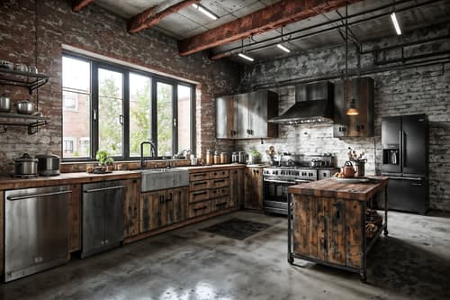 photo from pinterest of industrial-style interior designed (kitchen interior) with sink and plant and stove and refrigerator and kitchen cabinets and worktops and sink. . with exposed brick and raw aesthetic and exposed rafters and open floorplan and metal panels and neutral tones and utilitarian objects and exposed concrete. . cinematic photo, highly detailed, cinematic lighting, ultra-detailed, ultrarealistic, photorealism, 8k. trending on pinterest. industrial interior design style. masterpiece, cinematic light, ultrarealistic+, photorealistic+, 8k, raw photo, realistic, sharp focus on eyes, (symmetrical eyes), (intact eyes), hyperrealistic, highest quality, best quality, , highly detailed, masterpiece, best quality, extremely detailed 8k wallpaper, masterpiece, best quality, ultra-detailed, best shadow, detailed background, detailed face, detailed eyes, high contrast, best illumination, detailed face, dulux, caustic, dynamic angle, detailed glow. dramatic lighting. highly detailed, insanely detailed hair, symmetrical, intricate details, professionally retouched, 8k high definition. strong bokeh. award winning photo.