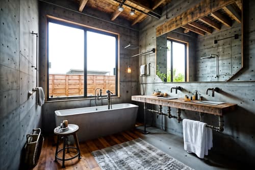 photo from pinterest of industrial-style interior designed (hotel bathroom interior) with toilet seat and shower and bathroom sink with faucet and bathroom cabinet and mirror and bath rail and waste basket and bath towel. . with exposed rafters and reclaimed wood and exposed concrete and utilitarian objects and exposed brick and factory style and neutral tones and open floorplan. . cinematic photo, highly detailed, cinematic lighting, ultra-detailed, ultrarealistic, photorealism, 8k. trending on pinterest. industrial interior design style. masterpiece, cinematic light, ultrarealistic+, photorealistic+, 8k, raw photo, realistic, sharp focus on eyes, (symmetrical eyes), (intact eyes), hyperrealistic, highest quality, best quality, , highly detailed, masterpiece, best quality, extremely detailed 8k wallpaper, masterpiece, best quality, ultra-detailed, best shadow, detailed background, detailed face, detailed eyes, high contrast, best illumination, detailed face, dulux, caustic, dynamic angle, detailed glow. dramatic lighting. highly detailed, insanely detailed hair, symmetrical, intricate details, professionally retouched, 8k high definition. strong bokeh. award winning photo.