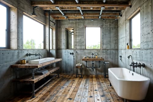 photo from pinterest of industrial-style interior designed (hotel bathroom interior) with toilet seat and shower and bathroom sink with faucet and bathroom cabinet and mirror and bath rail and waste basket and bath towel. . with exposed rafters and reclaimed wood and exposed concrete and utilitarian objects and exposed brick and factory style and neutral tones and open floorplan. . cinematic photo, highly detailed, cinematic lighting, ultra-detailed, ultrarealistic, photorealism, 8k. trending on pinterest. industrial interior design style. masterpiece, cinematic light, ultrarealistic+, photorealistic+, 8k, raw photo, realistic, sharp focus on eyes, (symmetrical eyes), (intact eyes), hyperrealistic, highest quality, best quality, , highly detailed, masterpiece, best quality, extremely detailed 8k wallpaper, masterpiece, best quality, ultra-detailed, best shadow, detailed background, detailed face, detailed eyes, high contrast, best illumination, detailed face, dulux, caustic, dynamic angle, detailed glow. dramatic lighting. highly detailed, insanely detailed hair, symmetrical, intricate details, professionally retouched, 8k high definition. strong bokeh. award winning photo.
