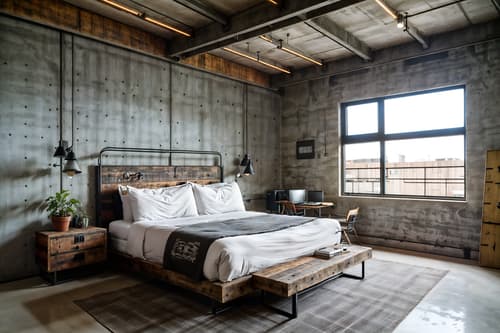 photo from pinterest of industrial-style interior designed (hotel room interior) with bedside table or night stand and working desk with desk chair and plant and bed and storage bench or ottoman and hotel bathroom and dresser closet and mirror. . with reclaimed wood and exposed concrete and factory style and raw aesthetic and neutral tones and exposed rafters and utilitarian objects and exposed brick. . cinematic photo, highly detailed, cinematic lighting, ultra-detailed, ultrarealistic, photorealism, 8k. trending on pinterest. industrial interior design style. masterpiece, cinematic light, ultrarealistic+, photorealistic+, 8k, raw photo, realistic, sharp focus on eyes, (symmetrical eyes), (intact eyes), hyperrealistic, highest quality, best quality, , highly detailed, masterpiece, best quality, extremely detailed 8k wallpaper, masterpiece, best quality, ultra-detailed, best shadow, detailed background, detailed face, detailed eyes, high contrast, best illumination, detailed face, dulux, caustic, dynamic angle, detailed glow. dramatic lighting. highly detailed, insanely detailed hair, symmetrical, intricate details, professionally retouched, 8k high definition. strong bokeh. award winning photo.