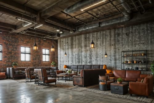 photo from pinterest of industrial-style interior designed (hotel lobby interior) with furniture and lounge chairs and hanging lamps and check in desk and coffee tables and plant and rug and sofas. . with exposed brick and exposed concrete and factory style and open floorplan and exposed rafters and utilitarian objects and reclaimed wood and metal panels. . cinematic photo, highly detailed, cinematic lighting, ultra-detailed, ultrarealistic, photorealism, 8k. trending on pinterest. industrial interior design style. masterpiece, cinematic light, ultrarealistic+, photorealistic+, 8k, raw photo, realistic, sharp focus on eyes, (symmetrical eyes), (intact eyes), hyperrealistic, highest quality, best quality, , highly detailed, masterpiece, best quality, extremely detailed 8k wallpaper, masterpiece, best quality, ultra-detailed, best shadow, detailed background, detailed face, detailed eyes, high contrast, best illumination, detailed face, dulux, caustic, dynamic angle, detailed glow. dramatic lighting. highly detailed, insanely detailed hair, symmetrical, intricate details, professionally retouched, 8k high definition. strong bokeh. award winning photo.