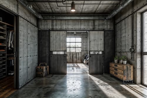 photo from pinterest of industrial-style interior designed (walk in closet interior) . with exposed concrete and utilitarian objects and reclaimed wood and neutral tones and exposed rafters and factory style and raw aesthetic and metal panels. . cinematic photo, highly detailed, cinematic lighting, ultra-detailed, ultrarealistic, photorealism, 8k. trending on pinterest. industrial interior design style. masterpiece, cinematic light, ultrarealistic+, photorealistic+, 8k, raw photo, realistic, sharp focus on eyes, (symmetrical eyes), (intact eyes), hyperrealistic, highest quality, best quality, , highly detailed, masterpiece, best quality, extremely detailed 8k wallpaper, masterpiece, best quality, ultra-detailed, best shadow, detailed background, detailed face, detailed eyes, high contrast, best illumination, detailed face, dulux, caustic, dynamic angle, detailed glow. dramatic lighting. highly detailed, insanely detailed hair, symmetrical, intricate details, professionally retouched, 8k high definition. strong bokeh. award winning photo.