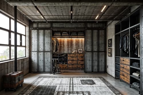 photo from pinterest of industrial-style interior designed (walk in closet interior) . with exposed concrete and utilitarian objects and reclaimed wood and neutral tones and exposed rafters and factory style and raw aesthetic and metal panels. . cinematic photo, highly detailed, cinematic lighting, ultra-detailed, ultrarealistic, photorealism, 8k. trending on pinterest. industrial interior design style. masterpiece, cinematic light, ultrarealistic+, photorealistic+, 8k, raw photo, realistic, sharp focus on eyes, (symmetrical eyes), (intact eyes), hyperrealistic, highest quality, best quality, , highly detailed, masterpiece, best quality, extremely detailed 8k wallpaper, masterpiece, best quality, ultra-detailed, best shadow, detailed background, detailed face, detailed eyes, high contrast, best illumination, detailed face, dulux, caustic, dynamic angle, detailed glow. dramatic lighting. highly detailed, insanely detailed hair, symmetrical, intricate details, professionally retouched, 8k high definition. strong bokeh. award winning photo.