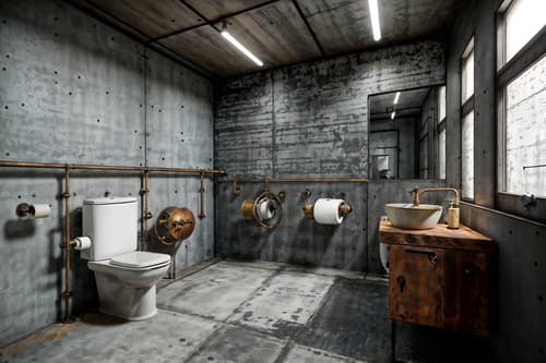 photo from pinterest of industrial-style interior designed (toilet interior) with sink with tap and toilet paper hanger and toilet with toilet seat up and sink with tap. . with neutral tones and metal panels and exposed concrete and exposed rafters and reclaimed wood and raw aesthetic and open floorplan and exposed brick. . cinematic photo, highly detailed, cinematic lighting, ultra-detailed, ultrarealistic, photorealism, 8k. trending on pinterest. industrial interior design style. masterpiece, cinematic light, ultrarealistic+, photorealistic+, 8k, raw photo, realistic, sharp focus on eyes, (symmetrical eyes), (intact eyes), hyperrealistic, highest quality, best quality, , highly detailed, masterpiece, best quality, extremely detailed 8k wallpaper, masterpiece, best quality, ultra-detailed, best shadow, detailed background, detailed face, detailed eyes, high contrast, best illumination, detailed face, dulux, caustic, dynamic angle, detailed glow. dramatic lighting. highly detailed, insanely detailed hair, symmetrical, intricate details, professionally retouched, 8k high definition. strong bokeh. award winning photo.