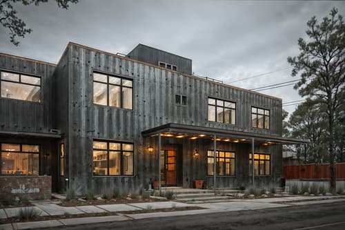 photo from pinterest of industrial-style exterior designed (house exterior exterior) . with metal panels and raw aesthetic and exposed brick and reclaimed wood and neutral tones and exposed concrete and utilitarian objects and factory style. . cinematic photo, highly detailed, cinematic lighting, ultra-detailed, ultrarealistic, photorealism, 8k. trending on pinterest. industrial exterior design style. masterpiece, cinematic light, ultrarealistic+, photorealistic+, 8k, raw photo, realistic, sharp focus on eyes, (symmetrical eyes), (intact eyes), hyperrealistic, highest quality, best quality, , highly detailed, masterpiece, best quality, extremely detailed 8k wallpaper, masterpiece, best quality, ultra-detailed, best shadow, detailed background, detailed face, detailed eyes, high contrast, best illumination, detailed face, dulux, caustic, dynamic angle, detailed glow. dramatic lighting. highly detailed, insanely detailed hair, symmetrical, intricate details, professionally retouched, 8k high definition. strong bokeh. award winning photo.
