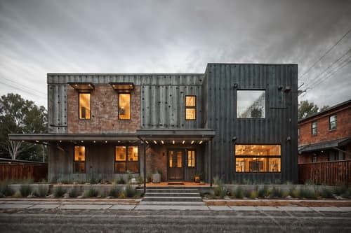 photo from pinterest of industrial-style exterior designed (house exterior exterior) . with metal panels and raw aesthetic and exposed brick and reclaimed wood and neutral tones and exposed concrete and utilitarian objects and factory style. . cinematic photo, highly detailed, cinematic lighting, ultra-detailed, ultrarealistic, photorealism, 8k. trending on pinterest. industrial exterior design style. masterpiece, cinematic light, ultrarealistic+, photorealistic+, 8k, raw photo, realistic, sharp focus on eyes, (symmetrical eyes), (intact eyes), hyperrealistic, highest quality, best quality, , highly detailed, masterpiece, best quality, extremely detailed 8k wallpaper, masterpiece, best quality, ultra-detailed, best shadow, detailed background, detailed face, detailed eyes, high contrast, best illumination, detailed face, dulux, caustic, dynamic angle, detailed glow. dramatic lighting. highly detailed, insanely detailed hair, symmetrical, intricate details, professionally retouched, 8k high definition. strong bokeh. award winning photo.