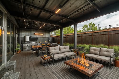 photo from pinterest of industrial-style designed (outdoor patio ) with barbeque or grill and deck with deck chairs and grass and plant and patio couch with pillows and barbeque or grill. . with metal panels and raw aesthetic and factory style and exposed concrete and neutral tones and open floorplan and utilitarian objects and reclaimed wood. . cinematic photo, highly detailed, cinematic lighting, ultra-detailed, ultrarealistic, photorealism, 8k. trending on pinterest. industrial design style. masterpiece, cinematic light, ultrarealistic+, photorealistic+, 8k, raw photo, realistic, sharp focus on eyes, (symmetrical eyes), (intact eyes), hyperrealistic, highest quality, best quality, , highly detailed, masterpiece, best quality, extremely detailed 8k wallpaper, masterpiece, best quality, ultra-detailed, best shadow, detailed background, detailed face, detailed eyes, high contrast, best illumination, detailed face, dulux, caustic, dynamic angle, detailed glow. dramatic lighting. highly detailed, insanely detailed hair, symmetrical, intricate details, professionally retouched, 8k high definition. strong bokeh. award winning photo.