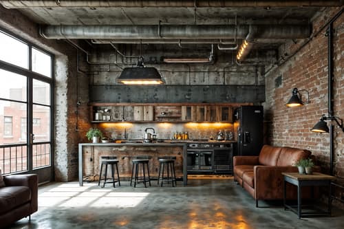 photo from pinterest of industrial-style interior designed (kitchen living combo interior) with televisions and sofa and kitchen cabinets and chairs and plant and electric lamps and sink and bookshelves. . with exposed brick and neutral tones and raw aesthetic and open floorplan and exposed concrete and reclaimed wood and factory style and metal panels. . cinematic photo, highly detailed, cinematic lighting, ultra-detailed, ultrarealistic, photorealism, 8k. trending on pinterest. industrial interior design style. masterpiece, cinematic light, ultrarealistic+, photorealistic+, 8k, raw photo, realistic, sharp focus on eyes, (symmetrical eyes), (intact eyes), hyperrealistic, highest quality, best quality, , highly detailed, masterpiece, best quality, extremely detailed 8k wallpaper, masterpiece, best quality, ultra-detailed, best shadow, detailed background, detailed face, detailed eyes, high contrast, best illumination, detailed face, dulux, caustic, dynamic angle, detailed glow. dramatic lighting. highly detailed, insanely detailed hair, symmetrical, intricate details, professionally retouched, 8k high definition. strong bokeh. award winning photo.