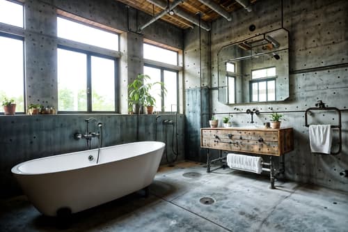 photo from pinterest of industrial-style interior designed (bathroom interior) with bathtub and waste basket and toilet seat and mirror and plant and bath rail and shower and bathroom sink with faucet. . with exposed concrete and exposed brick and exposed rafters and neutral tones and reclaimed wood and utilitarian objects and open floorplan and metal panels. . cinematic photo, highly detailed, cinematic lighting, ultra-detailed, ultrarealistic, photorealism, 8k. trending on pinterest. industrial interior design style. masterpiece, cinematic light, ultrarealistic+, photorealistic+, 8k, raw photo, realistic, sharp focus on eyes, (symmetrical eyes), (intact eyes), hyperrealistic, highest quality, best quality, , highly detailed, masterpiece, best quality, extremely detailed 8k wallpaper, masterpiece, best quality, ultra-detailed, best shadow, detailed background, detailed face, detailed eyes, high contrast, best illumination, detailed face, dulux, caustic, dynamic angle, detailed glow. dramatic lighting. highly detailed, insanely detailed hair, symmetrical, intricate details, professionally retouched, 8k high definition. strong bokeh. award winning photo.