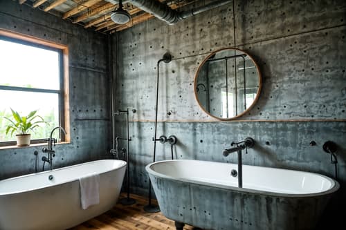 photo from pinterest of industrial-style interior designed (bathroom interior) with bathtub and waste basket and toilet seat and mirror and plant and bath rail and shower and bathroom sink with faucet. . with exposed concrete and exposed brick and exposed rafters and neutral tones and reclaimed wood and utilitarian objects and open floorplan and metal panels. . cinematic photo, highly detailed, cinematic lighting, ultra-detailed, ultrarealistic, photorealism, 8k. trending on pinterest. industrial interior design style. masterpiece, cinematic light, ultrarealistic+, photorealistic+, 8k, raw photo, realistic, sharp focus on eyes, (symmetrical eyes), (intact eyes), hyperrealistic, highest quality, best quality, , highly detailed, masterpiece, best quality, extremely detailed 8k wallpaper, masterpiece, best quality, ultra-detailed, best shadow, detailed background, detailed face, detailed eyes, high contrast, best illumination, detailed face, dulux, caustic, dynamic angle, detailed glow. dramatic lighting. highly detailed, insanely detailed hair, symmetrical, intricate details, professionally retouched, 8k high definition. strong bokeh. award winning photo.