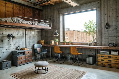 photo from pinterest of industrial-style interior designed (kids room interior) with bed and accent chair and plant and kids desk and storage bench or ottoman and headboard and mirror and night light. . with factory style and open floorplan and exposed concrete and utilitarian objects and exposed rafters and neutral tones and reclaimed wood and raw aesthetic. . cinematic photo, highly detailed, cinematic lighting, ultra-detailed, ultrarealistic, photorealism, 8k. trending on pinterest. industrial interior design style. masterpiece, cinematic light, ultrarealistic+, photorealistic+, 8k, raw photo, realistic, sharp focus on eyes, (symmetrical eyes), (intact eyes), hyperrealistic, highest quality, best quality, , highly detailed, masterpiece, best quality, extremely detailed 8k wallpaper, masterpiece, best quality, ultra-detailed, best shadow, detailed background, detailed face, detailed eyes, high contrast, best illumination, detailed face, dulux, caustic, dynamic angle, detailed glow. dramatic lighting. highly detailed, insanely detailed hair, symmetrical, intricate details, professionally retouched, 8k high definition. strong bokeh. award winning photo.