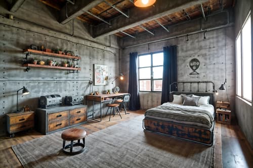 photo from pinterest of industrial-style interior designed (kids room interior) with bed and accent chair and plant and kids desk and storage bench or ottoman and headboard and mirror and night light. . with factory style and open floorplan and exposed concrete and utilitarian objects and exposed rafters and neutral tones and reclaimed wood and raw aesthetic. . cinematic photo, highly detailed, cinematic lighting, ultra-detailed, ultrarealistic, photorealism, 8k. trending on pinterest. industrial interior design style. masterpiece, cinematic light, ultrarealistic+, photorealistic+, 8k, raw photo, realistic, sharp focus on eyes, (symmetrical eyes), (intact eyes), hyperrealistic, highest quality, best quality, , highly detailed, masterpiece, best quality, extremely detailed 8k wallpaper, masterpiece, best quality, ultra-detailed, best shadow, detailed background, detailed face, detailed eyes, high contrast, best illumination, detailed face, dulux, caustic, dynamic angle, detailed glow. dramatic lighting. highly detailed, insanely detailed hair, symmetrical, intricate details, professionally retouched, 8k high definition. strong bokeh. award winning photo.