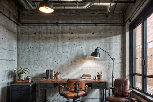 photo from pinterest of industrial-style interior designed (study room interior) with office chair and desk lamp and cabinets and writing desk and plant and bookshelves and lounge chair and office chair. . with exposed brick and factory style and exposed concrete and open floorplan and metal panels and utilitarian objects and raw aesthetic and exposed rafters. . cinematic photo, highly detailed, cinematic lighting, ultra-detailed, ultrarealistic, photorealism, 8k. trending on pinterest. industrial interior design style. masterpiece, cinematic light, ultrarealistic+, photorealistic+, 8k, raw photo, realistic, sharp focus on eyes, (symmetrical eyes), (intact eyes), hyperrealistic, highest quality, best quality, , highly detailed, masterpiece, best quality, extremely detailed 8k wallpaper, masterpiece, best quality, ultra-detailed, best shadow, detailed background, detailed face, detailed eyes, high contrast, best illumination, detailed face, dulux, caustic, dynamic angle, detailed glow. dramatic lighting. highly detailed, insanely detailed hair, symmetrical, intricate details, professionally retouched, 8k high definition. strong bokeh. award winning photo.