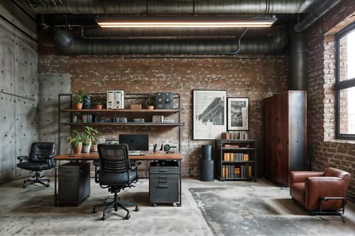 photo from pinterest of industrial-style interior designed (study room interior) with office chair and desk lamp and cabinets and writing desk and plant and bookshelves and lounge chair and office chair. . with exposed brick and factory style and exposed concrete and open floorplan and metal panels and utilitarian objects and raw aesthetic and exposed rafters. . cinematic photo, highly detailed, cinematic lighting, ultra-detailed, ultrarealistic, photorealism, 8k. trending on pinterest. industrial interior design style. masterpiece, cinematic light, ultrarealistic+, photorealistic+, 8k, raw photo, realistic, sharp focus on eyes, (symmetrical eyes), (intact eyes), hyperrealistic, highest quality, best quality, , highly detailed, masterpiece, best quality, extremely detailed 8k wallpaper, masterpiece, best quality, ultra-detailed, best shadow, detailed background, detailed face, detailed eyes, high contrast, best illumination, detailed face, dulux, caustic, dynamic angle, detailed glow. dramatic lighting. highly detailed, insanely detailed hair, symmetrical, intricate details, professionally retouched, 8k high definition. strong bokeh. award winning photo.