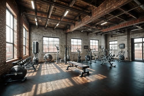 photo from pinterest of industrial-style interior designed (fitness gym interior) with exercise bicycle and dumbbell stand and squat rack and crosstrainer and bench press and exercise bicycle. . with exposed rafters and raw aesthetic and exposed brick and reclaimed wood and factory style and open floorplan and utilitarian objects and metal panels. . cinematic photo, highly detailed, cinematic lighting, ultra-detailed, ultrarealistic, photorealism, 8k. trending on pinterest. industrial interior design style. masterpiece, cinematic light, ultrarealistic+, photorealistic+, 8k, raw photo, realistic, sharp focus on eyes, (symmetrical eyes), (intact eyes), hyperrealistic, highest quality, best quality, , highly detailed, masterpiece, best quality, extremely detailed 8k wallpaper, masterpiece, best quality, ultra-detailed, best shadow, detailed background, detailed face, detailed eyes, high contrast, best illumination, detailed face, dulux, caustic, dynamic angle, detailed glow. dramatic lighting. highly detailed, insanely detailed hair, symmetrical, intricate details, professionally retouched, 8k high definition. strong bokeh. award winning photo.