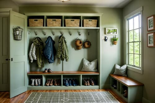 photo from pinterest of eco-friendly-style interior designed (mudroom interior) with cabinets and wall hooks for coats and storage drawers and a bench and high up storage and storage baskets and cubbies and shelves for shoes. . . cinematic photo, highly detailed, cinematic lighting, ultra-detailed, ultrarealistic, photorealism, 8k. trending on pinterest. eco-friendly interior design style. masterpiece, cinematic light, ultrarealistic+, photorealistic+, 8k, raw photo, realistic, sharp focus on eyes, (symmetrical eyes), (intact eyes), hyperrealistic, highest quality, best quality, , highly detailed, masterpiece, best quality, extremely detailed 8k wallpaper, masterpiece, best quality, ultra-detailed, best shadow, detailed background, detailed face, detailed eyes, high contrast, best illumination, detailed face, dulux, caustic, dynamic angle, detailed glow. dramatic lighting. highly detailed, insanely detailed hair, symmetrical, intricate details, professionally retouched, 8k high definition. strong bokeh. award winning photo.