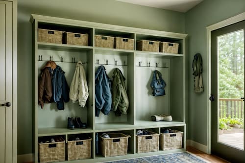 photo from pinterest of eco-friendly-style interior designed (mudroom interior) with cabinets and wall hooks for coats and storage drawers and a bench and high up storage and storage baskets and cubbies and shelves for shoes. . . cinematic photo, highly detailed, cinematic lighting, ultra-detailed, ultrarealistic, photorealism, 8k. trending on pinterest. eco-friendly interior design style. masterpiece, cinematic light, ultrarealistic+, photorealistic+, 8k, raw photo, realistic, sharp focus on eyes, (symmetrical eyes), (intact eyes), hyperrealistic, highest quality, best quality, , highly detailed, masterpiece, best quality, extremely detailed 8k wallpaper, masterpiece, best quality, ultra-detailed, best shadow, detailed background, detailed face, detailed eyes, high contrast, best illumination, detailed face, dulux, caustic, dynamic angle, detailed glow. dramatic lighting. highly detailed, insanely detailed hair, symmetrical, intricate details, professionally retouched, 8k high definition. strong bokeh. award winning photo.