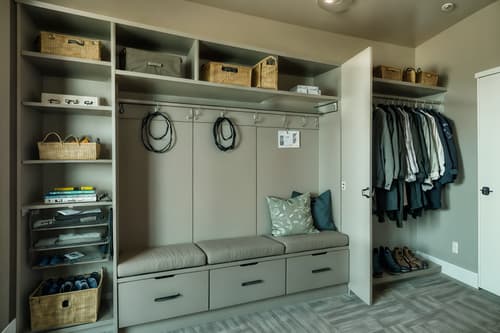 photo from pinterest of eco-friendly-style interior designed (drop zone interior) with wall hooks for coats and cabinets and a bench and shelves for shoes and cubbies and storage drawers and storage baskets and lockers. . . cinematic photo, highly detailed, cinematic lighting, ultra-detailed, ultrarealistic, photorealism, 8k. trending on pinterest. eco-friendly interior design style. masterpiece, cinematic light, ultrarealistic+, photorealistic+, 8k, raw photo, realistic, sharp focus on eyes, (symmetrical eyes), (intact eyes), hyperrealistic, highest quality, best quality, , highly detailed, masterpiece, best quality, extremely detailed 8k wallpaper, masterpiece, best quality, ultra-detailed, best shadow, detailed background, detailed face, detailed eyes, high contrast, best illumination, detailed face, dulux, caustic, dynamic angle, detailed glow. dramatic lighting. highly detailed, insanely detailed hair, symmetrical, intricate details, professionally retouched, 8k high definition. strong bokeh. award winning photo.