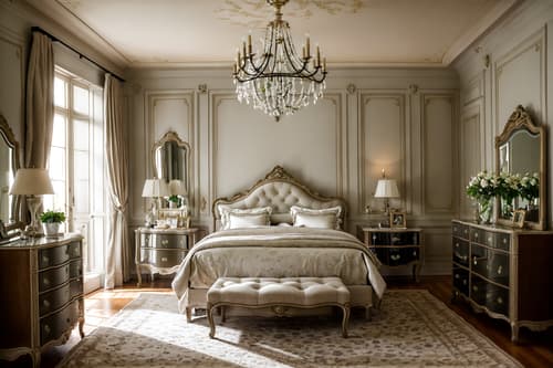 photo from pinterest of french-style interior designed (bedroom interior) with headboard and night light and mirror and dresser closet and bed and accent chair and plant and storage bench or ottoman. . . cinematic photo, highly detailed, cinematic lighting, ultra-detailed, ultrarealistic, photorealism, 8k. trending on pinterest. french interior design style. masterpiece, cinematic light, ultrarealistic+, photorealistic+, 8k, raw photo, realistic, sharp focus on eyes, (symmetrical eyes), (intact eyes), hyperrealistic, highest quality, best quality, , highly detailed, masterpiece, best quality, extremely detailed 8k wallpaper, masterpiece, best quality, ultra-detailed, best shadow, detailed background, detailed face, detailed eyes, high contrast, best illumination, detailed face, dulux, caustic, dynamic angle, detailed glow. dramatic lighting. highly detailed, insanely detailed hair, symmetrical, intricate details, professionally retouched, 8k high definition. strong bokeh. award winning photo.
