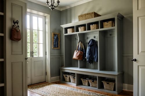 photo from pinterest of french-style interior designed (mudroom interior) with wall hooks for coats and high up storage and cubbies and a bench and cabinets and storage baskets and storage drawers and shelves for shoes. . . cinematic photo, highly detailed, cinematic lighting, ultra-detailed, ultrarealistic, photorealism, 8k. trending on pinterest. french interior design style. masterpiece, cinematic light, ultrarealistic+, photorealistic+, 8k, raw photo, realistic, sharp focus on eyes, (symmetrical eyes), (intact eyes), hyperrealistic, highest quality, best quality, , highly detailed, masterpiece, best quality, extremely detailed 8k wallpaper, masterpiece, best quality, ultra-detailed, best shadow, detailed background, detailed face, detailed eyes, high contrast, best illumination, detailed face, dulux, caustic, dynamic angle, detailed glow. dramatic lighting. highly detailed, insanely detailed hair, symmetrical, intricate details, professionally retouched, 8k high definition. strong bokeh. award winning photo.