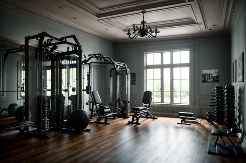 photo from pinterest of french-style interior designed (fitness gym interior) with exercise bicycle and crosstrainer and dumbbell stand and bench press and squat rack and exercise bicycle. . . cinematic photo, highly detailed, cinematic lighting, ultra-detailed, ultrarealistic, photorealism, 8k. trending on pinterest. french interior design style. masterpiece, cinematic light, ultrarealistic+, photorealistic+, 8k, raw photo, realistic, sharp focus on eyes, (symmetrical eyes), (intact eyes), hyperrealistic, highest quality, best quality, , highly detailed, masterpiece, best quality, extremely detailed 8k wallpaper, masterpiece, best quality, ultra-detailed, best shadow, detailed background, detailed face, detailed eyes, high contrast, best illumination, detailed face, dulux, caustic, dynamic angle, detailed glow. dramatic lighting. highly detailed, insanely detailed hair, symmetrical, intricate details, professionally retouched, 8k high definition. strong bokeh. award winning photo.