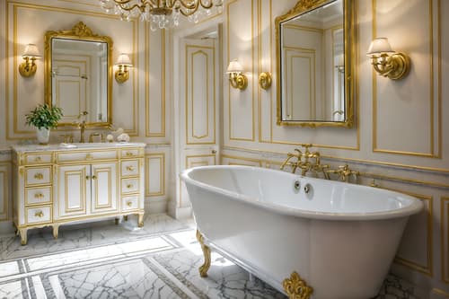 photo from pinterest of french-style interior designed (hotel bathroom interior) with waste basket and bathroom cabinet and plant and shower and toilet seat and mirror and bathroom sink with faucet and bathtub. . . cinematic photo, highly detailed, cinematic lighting, ultra-detailed, ultrarealistic, photorealism, 8k. trending on pinterest. french interior design style. masterpiece, cinematic light, ultrarealistic+, photorealistic+, 8k, raw photo, realistic, sharp focus on eyes, (symmetrical eyes), (intact eyes), hyperrealistic, highest quality, best quality, , highly detailed, masterpiece, best quality, extremely detailed 8k wallpaper, masterpiece, best quality, ultra-detailed, best shadow, detailed background, detailed face, detailed eyes, high contrast, best illumination, detailed face, dulux, caustic, dynamic angle, detailed glow. dramatic lighting. highly detailed, insanely detailed hair, symmetrical, intricate details, professionally retouched, 8k high definition. strong bokeh. award winning photo.