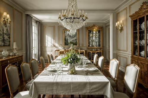 photo from pinterest of french-style interior designed (dining room interior) with dining table chairs and plant and table cloth and dining table and bookshelves and painting or photo on wall and vase and plates, cutlery and glasses on dining table. . . cinematic photo, highly detailed, cinematic lighting, ultra-detailed, ultrarealistic, photorealism, 8k. trending on pinterest. french interior design style. masterpiece, cinematic light, ultrarealistic+, photorealistic+, 8k, raw photo, realistic, sharp focus on eyes, (symmetrical eyes), (intact eyes), hyperrealistic, highest quality, best quality, , highly detailed, masterpiece, best quality, extremely detailed 8k wallpaper, masterpiece, best quality, ultra-detailed, best shadow, detailed background, detailed face, detailed eyes, high contrast, best illumination, detailed face, dulux, caustic, dynamic angle, detailed glow. dramatic lighting. highly detailed, insanely detailed hair, symmetrical, intricate details, professionally retouched, 8k high definition. strong bokeh. award winning photo.
