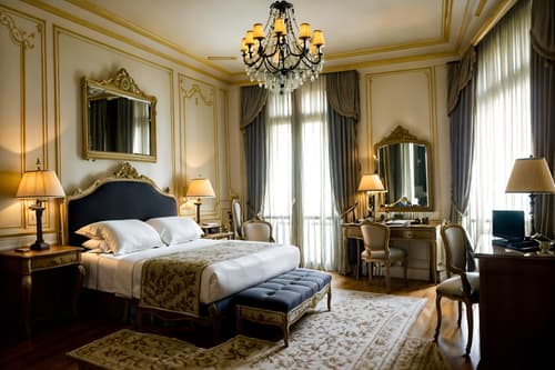 photo from pinterest of french-style interior designed (hotel room interior) with working desk with desk chair and headboard and hotel bathroom and storage bench or ottoman and mirror and night light and accent chair and bedside table or night stand. . . cinematic photo, highly detailed, cinematic lighting, ultra-detailed, ultrarealistic, photorealism, 8k. trending on pinterest. french interior design style. masterpiece, cinematic light, ultrarealistic+, photorealistic+, 8k, raw photo, realistic, sharp focus on eyes, (symmetrical eyes), (intact eyes), hyperrealistic, highest quality, best quality, , highly detailed, masterpiece, best quality, extremely detailed 8k wallpaper, masterpiece, best quality, ultra-detailed, best shadow, detailed background, detailed face, detailed eyes, high contrast, best illumination, detailed face, dulux, caustic, dynamic angle, detailed glow. dramatic lighting. highly detailed, insanely detailed hair, symmetrical, intricate details, professionally retouched, 8k high definition. strong bokeh. award winning photo.
