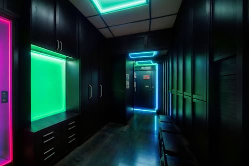 photo from pinterest of cyberpunk-style interior designed (mudroom interior) with storage baskets and cubbies and wall hooks for coats and cabinets and storage drawers and shelves for shoes and a bench and high up storage. . with cyberpunk lights and color lights glow and strong geometric walls and black lights and cyberpunk style and cyberpunk lights and bladerunner style and surrealist paintings. . cinematic photo, highly detailed, cinematic lighting, ultra-detailed, ultrarealistic, photorealism, 8k. trending on pinterest. cyberpunk interior design style. masterpiece, cinematic light, ultrarealistic+, photorealistic+, 8k, raw photo, realistic, sharp focus on eyes, (symmetrical eyes), (intact eyes), hyperrealistic, highest quality, best quality, , highly detailed, masterpiece, best quality, extremely detailed 8k wallpaper, masterpiece, best quality, ultra-detailed, best shadow, detailed background, detailed face, detailed eyes, high contrast, best illumination, detailed face, dulux, caustic, dynamic angle, detailed glow. dramatic lighting. highly detailed, insanely detailed hair, symmetrical, intricate details, professionally retouched, 8k high definition. strong bokeh. award winning photo.