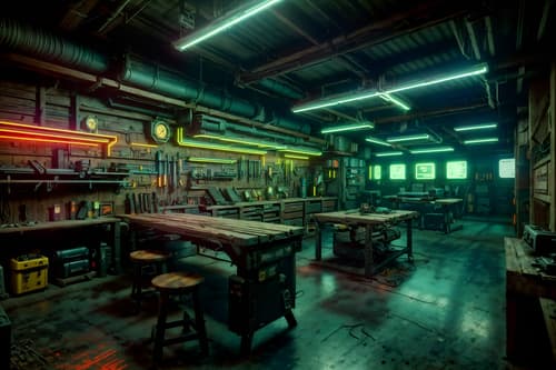 photo from pinterest of cyberpunk-style interior designed (workshop interior) with wooden workbench and messy and tool wall and wooden workbench. . with strong geometric walls and futuristic cybernetic city and bladerunner lights and led lights and color lights glow and dark night and cyberpunk style and bladerunner style. . cinematic photo, highly detailed, cinematic lighting, ultra-detailed, ultrarealistic, photorealism, 8k. trending on pinterest. cyberpunk interior design style. masterpiece, cinematic light, ultrarealistic+, photorealistic+, 8k, raw photo, realistic, sharp focus on eyes, (symmetrical eyes), (intact eyes), hyperrealistic, highest quality, best quality, , highly detailed, masterpiece, best quality, extremely detailed 8k wallpaper, masterpiece, best quality, ultra-detailed, best shadow, detailed background, detailed face, detailed eyes, high contrast, best illumination, detailed face, dulux, caustic, dynamic angle, detailed glow. dramatic lighting. highly detailed, insanely detailed hair, symmetrical, intricate details, professionally retouched, 8k high definition. strong bokeh. award winning photo.