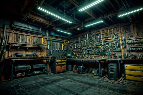 photo from pinterest of cyberpunk-style interior designed (workshop interior) with wooden workbench and messy and tool wall and wooden workbench. . with strong geometric walls and futuristic cybernetic city and bladerunner lights and led lights and color lights glow and dark night and cyberpunk style and bladerunner style. . cinematic photo, highly detailed, cinematic lighting, ultra-detailed, ultrarealistic, photorealism, 8k. trending on pinterest. cyberpunk interior design style. masterpiece, cinematic light, ultrarealistic+, photorealistic+, 8k, raw photo, realistic, sharp focus on eyes, (symmetrical eyes), (intact eyes), hyperrealistic, highest quality, best quality, , highly detailed, masterpiece, best quality, extremely detailed 8k wallpaper, masterpiece, best quality, ultra-detailed, best shadow, detailed background, detailed face, detailed eyes, high contrast, best illumination, detailed face, dulux, caustic, dynamic angle, detailed glow. dramatic lighting. highly detailed, insanely detailed hair, symmetrical, intricate details, professionally retouched, 8k high definition. strong bokeh. award winning photo.