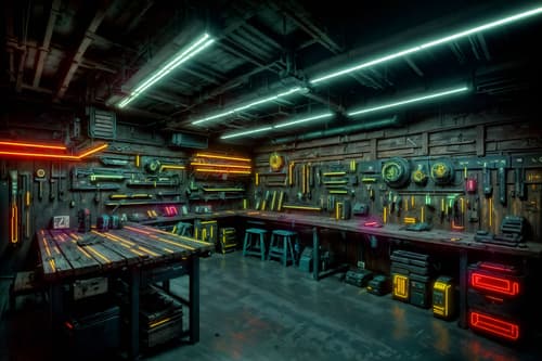 photo from pinterest of cyberpunk-style interior designed (workshop interior) with wooden workbench and messy and tool wall and wooden workbench. . with strong geometric walls and futuristic cybernetic city and bladerunner lights and led lights and color lights glow and dark night and cyberpunk style and bladerunner style. . cinematic photo, highly detailed, cinematic lighting, ultra-detailed, ultrarealistic, photorealism, 8k. trending on pinterest. cyberpunk interior design style. masterpiece, cinematic light, ultrarealistic+, photorealistic+, 8k, raw photo, realistic, sharp focus on eyes, (symmetrical eyes), (intact eyes), hyperrealistic, highest quality, best quality, , highly detailed, masterpiece, best quality, extremely detailed 8k wallpaper, masterpiece, best quality, ultra-detailed, best shadow, detailed background, detailed face, detailed eyes, high contrast, best illumination, detailed face, dulux, caustic, dynamic angle, detailed glow. dramatic lighting. highly detailed, insanely detailed hair, symmetrical, intricate details, professionally retouched, 8k high definition. strong bokeh. award winning photo.