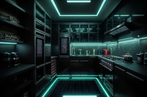 photo from pinterest of cyberpunk-style interior designed (kitchen living combo interior) with bookshelves and worktops and sink and plant and refrigerator and kitchen cabinets and rug and furniture. . with military uniforms and gear and minimalist and strong geometric walls and led lights and black lights and futuristic cybernetic city and bladerunner lights and cyberpunk style. . cinematic photo, highly detailed, cinematic lighting, ultra-detailed, ultrarealistic, photorealism, 8k. trending on pinterest. cyberpunk interior design style. masterpiece, cinematic light, ultrarealistic+, photorealistic+, 8k, raw photo, realistic, sharp focus on eyes, (symmetrical eyes), (intact eyes), hyperrealistic, highest quality, best quality, , highly detailed, masterpiece, best quality, extremely detailed 8k wallpaper, masterpiece, best quality, ultra-detailed, best shadow, detailed background, detailed face, detailed eyes, high contrast, best illumination, detailed face, dulux, caustic, dynamic angle, detailed glow. dramatic lighting. highly detailed, insanely detailed hair, symmetrical, intricate details, professionally retouched, 8k high definition. strong bokeh. award winning photo.