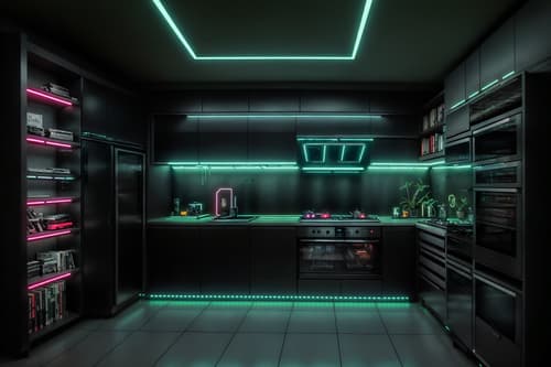photo from pinterest of cyberpunk-style interior designed (kitchen living combo interior) with bookshelves and worktops and sink and plant and refrigerator and kitchen cabinets and rug and furniture. . with military uniforms and gear and minimalist and strong geometric walls and led lights and black lights and futuristic cybernetic city and bladerunner lights and cyberpunk style. . cinematic photo, highly detailed, cinematic lighting, ultra-detailed, ultrarealistic, photorealism, 8k. trending on pinterest. cyberpunk interior design style. masterpiece, cinematic light, ultrarealistic+, photorealistic+, 8k, raw photo, realistic, sharp focus on eyes, (symmetrical eyes), (intact eyes), hyperrealistic, highest quality, best quality, , highly detailed, masterpiece, best quality, extremely detailed 8k wallpaper, masterpiece, best quality, ultra-detailed, best shadow, detailed background, detailed face, detailed eyes, high contrast, best illumination, detailed face, dulux, caustic, dynamic angle, detailed glow. dramatic lighting. highly detailed, insanely detailed hair, symmetrical, intricate details, professionally retouched, 8k high definition. strong bokeh. award winning photo.